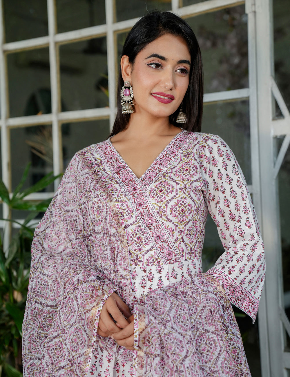 Hand Block Maroon Geo-Block Wrap Floral Buti V-Neck Kurta Set with Kota-Doria Dupatta - HL103