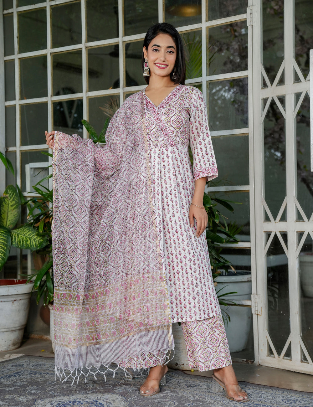 Hand Block Maroon Geo-Block Wrap Floral Buti V-Neck Kurta Set with Kota-Doria Dupatta - HL103