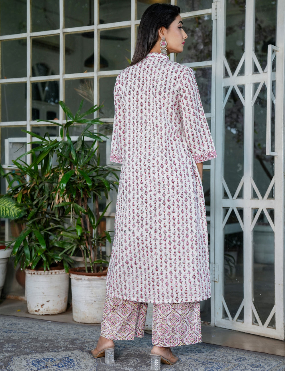 Hand Block Maroon Geo-Block A-Line Round Neck Kurta Set with Floral Buti with Kota-Doria Dupatta - HL104