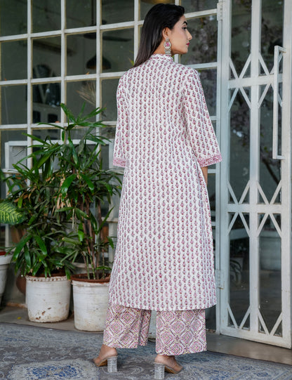 Hand Block Maroon Geo-Block A-Line Round Neck Kurta Set with Floral Buti with Kota-Doria Dupatta - HL104