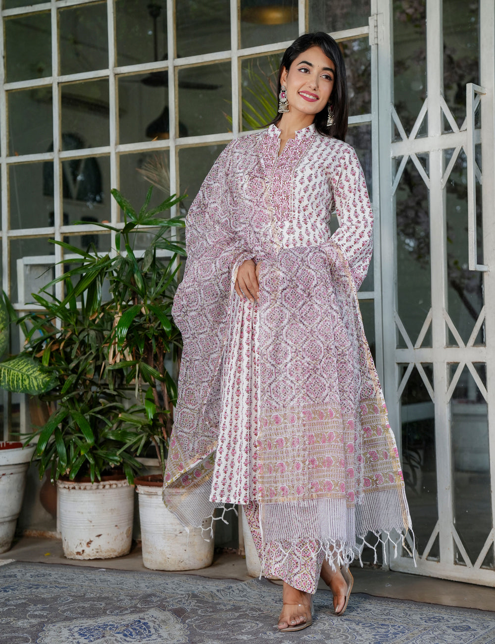 Hand Block Maroon Geo-Block A-Line Round Neck Kurta Set with Floral Buti with Kota-Doria Dupatta - HL104