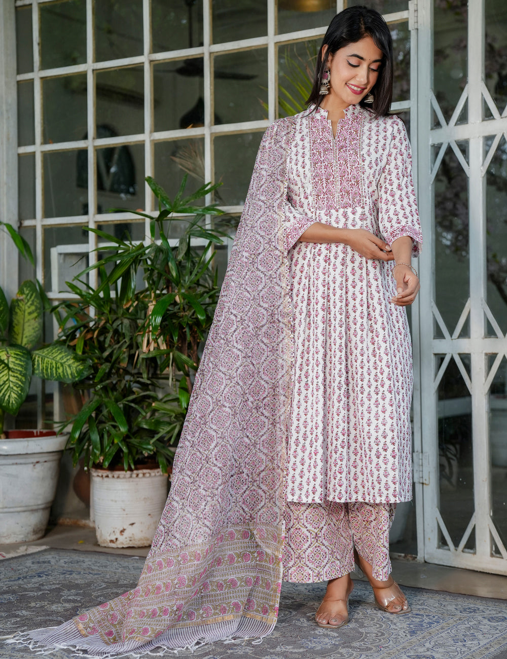 Hand Block Maroon Geo-Block A-Line Round Neck Kurta Set with Floral Buti with Kota-Doria Dupatta - HL104