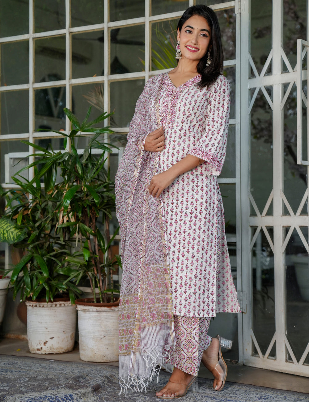 Ivory Maroon Buti Hand Block Cotton V-neck Kurta Set with Kota Doria Dupatta - HL105