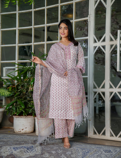 Ivory Maroon Buti Hand Block Cotton V-neck Kurta Set with Kota Doria Dupatta - HL105