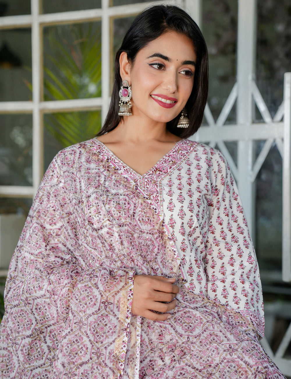 Ivory Maroon Buti Hand Block Cotton V-neck Kurta Set with Kota Doria Dupatta - HL105