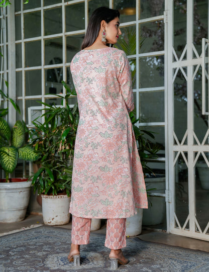 Pastel Peach Floral Handblock Straight Cut Cotton Kurta Set with Kota-Doria Dupatta - HL106
