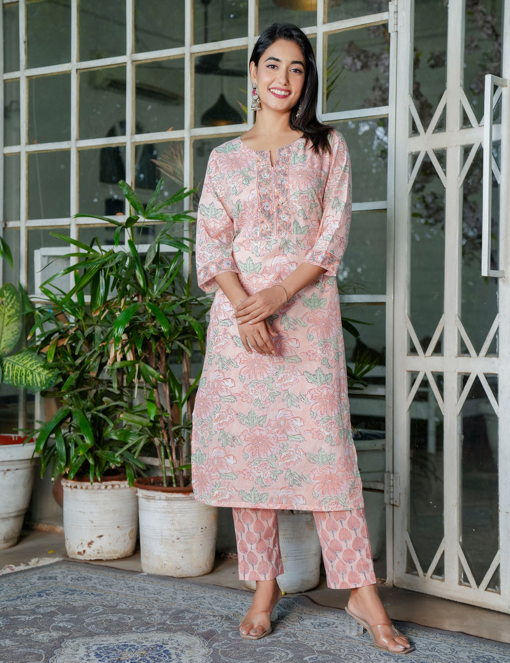 Pastel Peach Floral Handblock Straight Cut Cotton Kurta Set with Kota-Doria Dupatta - HL106