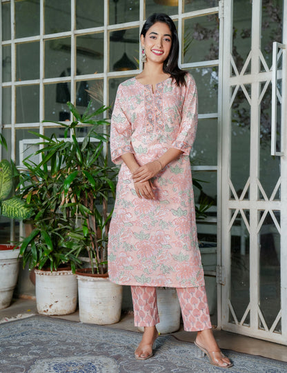 Pastel Peach Floral Handblock Straight Cut Cotton Kurta Set with Kota-Doria Dupatta - HL106