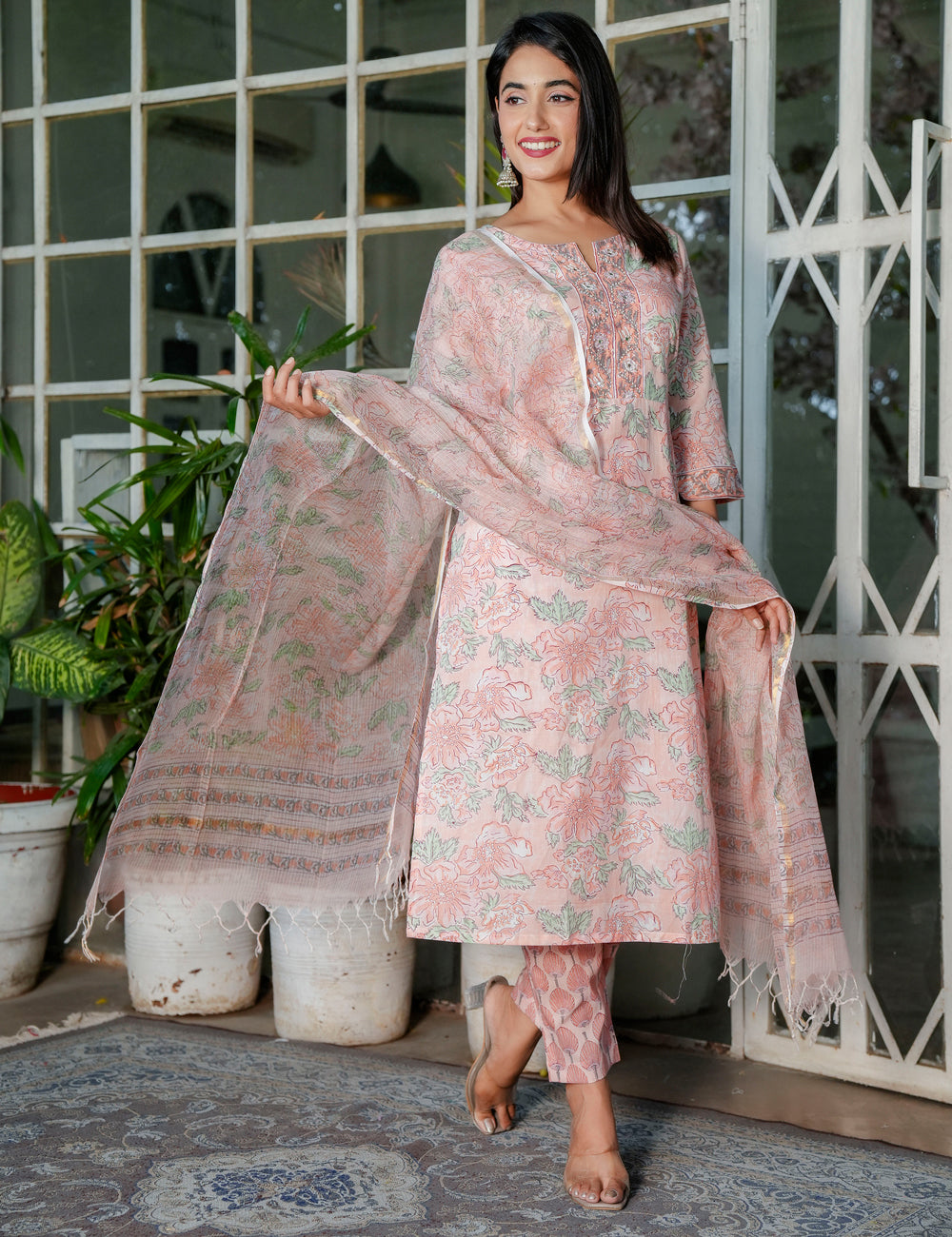 Pastel Peach Floral Handblock Straight Cut Cotton Kurta Set with Kota-Doria Dupatta - HL106