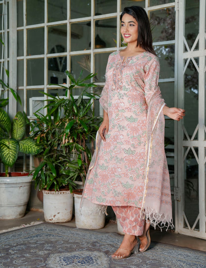 Pastel Peach Floral Handblock Straight Cut Cotton Kurta Set with Kota-Doria Dupatta - HL106
