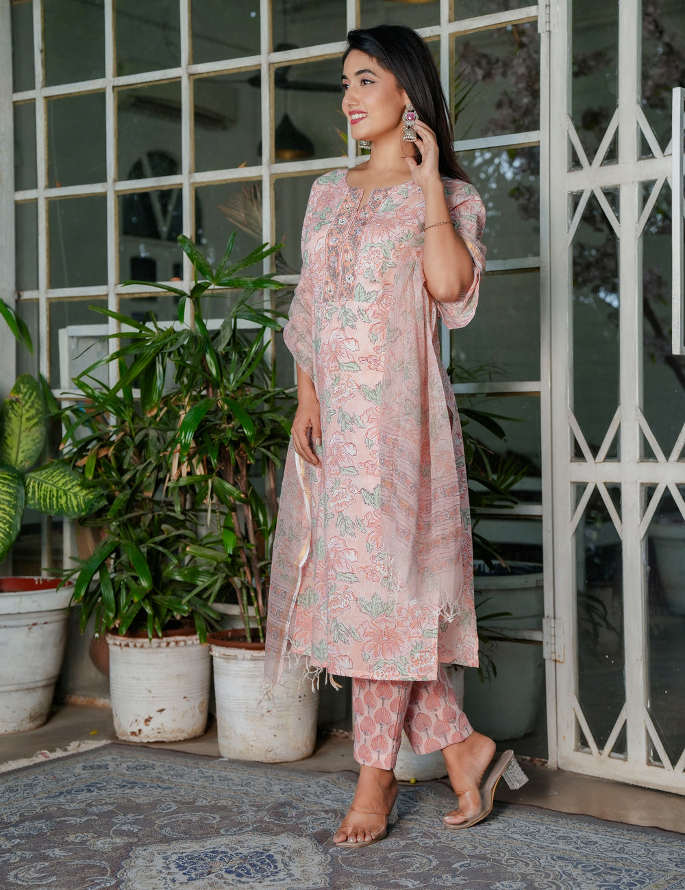 Pastel Peach Floral Handblock Straight Cut Cotton Kurta Set with Kota-Doria Dupatta - HL106