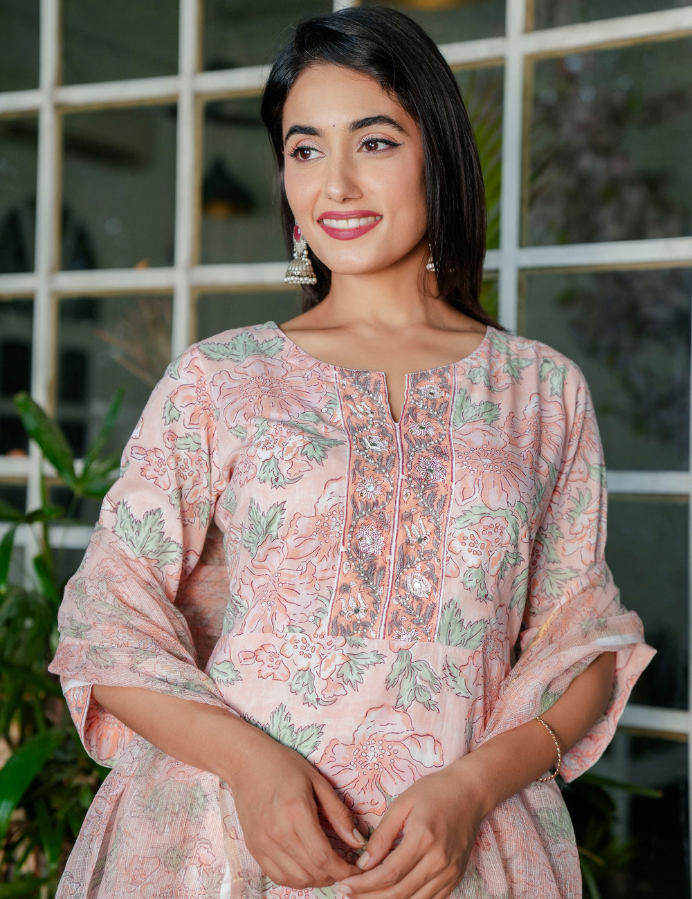 Pastel Peach Floral Handblock Straight Cut Cotton Kurta Set with Kota-Doria Dupatta - HL106