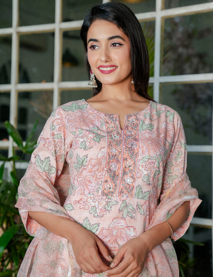 Pastel Peach Floral Handblock Straight Cut Cotton Kurta Set with Kota-Doria Dupatta - HL106