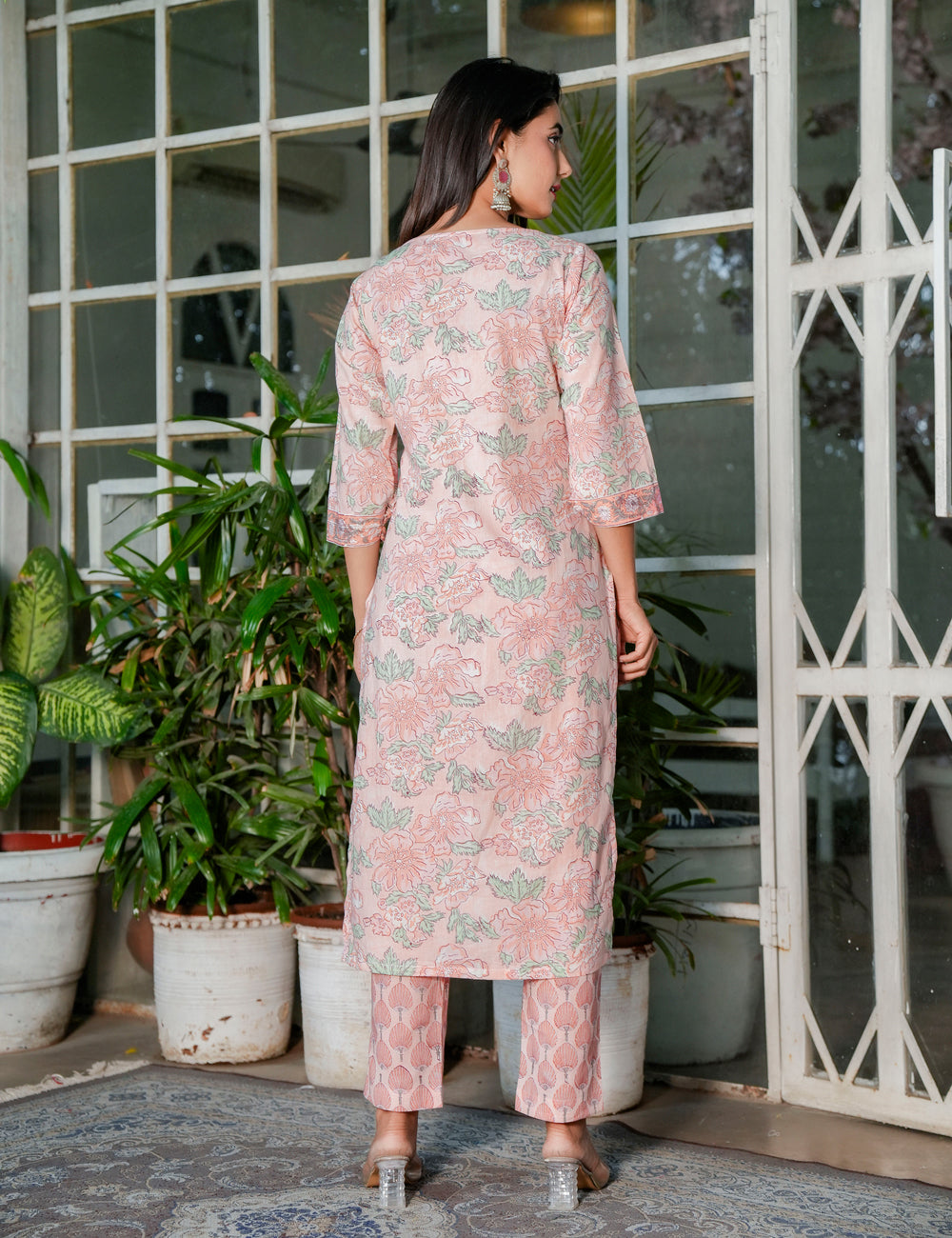 Pastel Peach Floral Handblock V-neck Cotton Kurta Set with Kota-Doria Dupatta - HL107