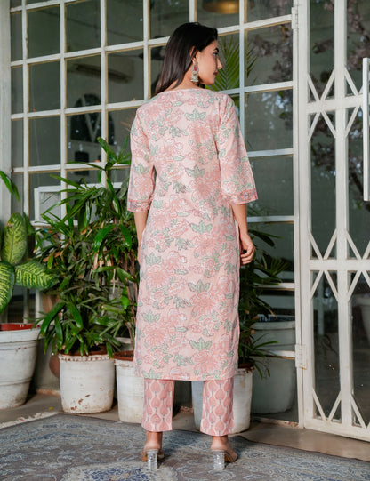 Pastel Peach Floral Handblock V-neck Cotton Kurta Set with Kota-Doria Dupatta - HL107