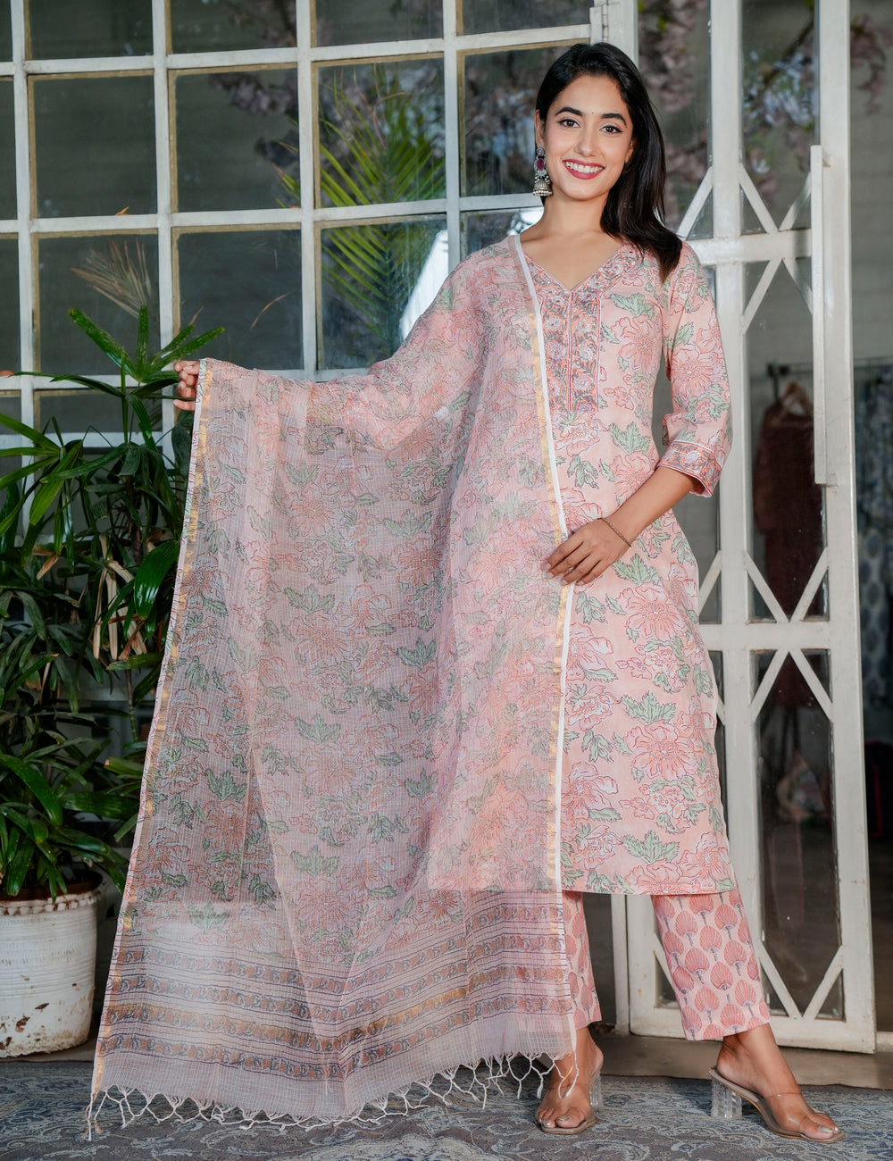Pastel Peach Floral Handblock V-neck Cotton Kurta Set with Kota-Doria Dupatta - HL107
