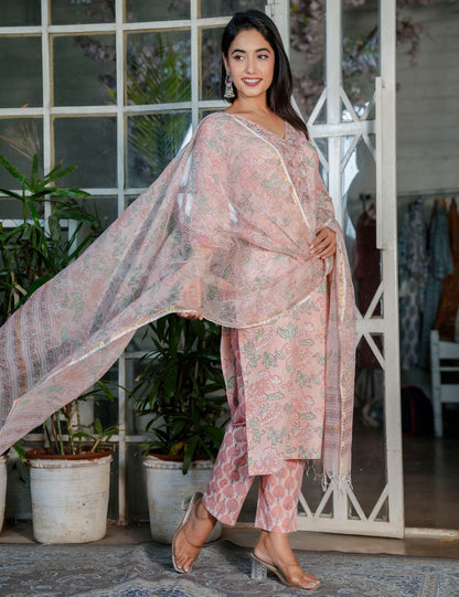 Pastel Peach Floral Handblock V-neck Cotton Kurta Set with Kota-Doria Dupatta - HL107