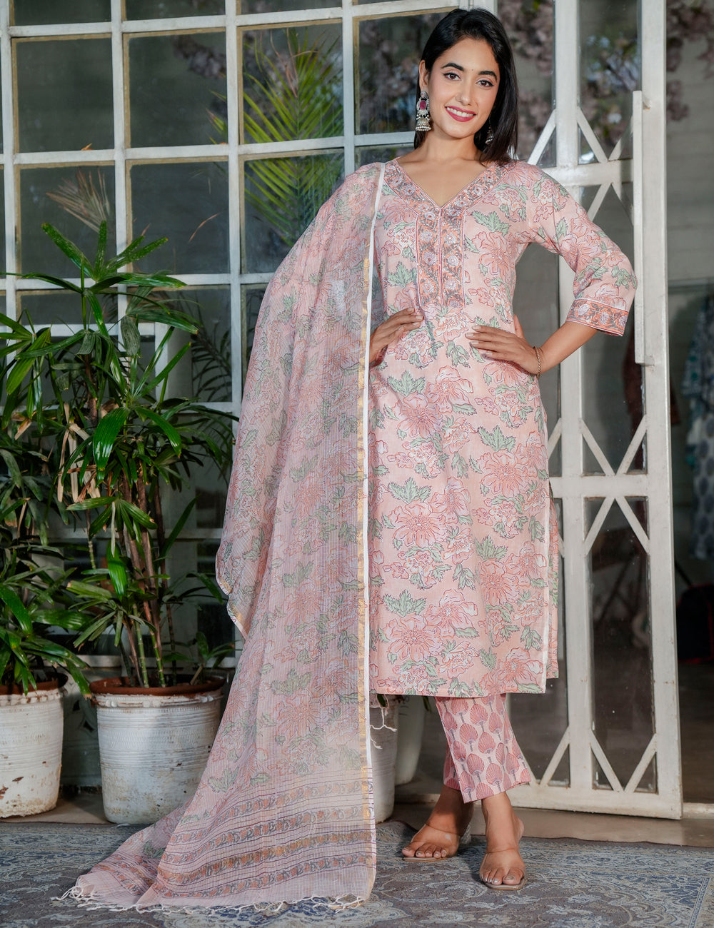 Pastel Peach Floral Handblock V-neck Cotton Kurta Set with Kota-Doria Dupatta - HL107