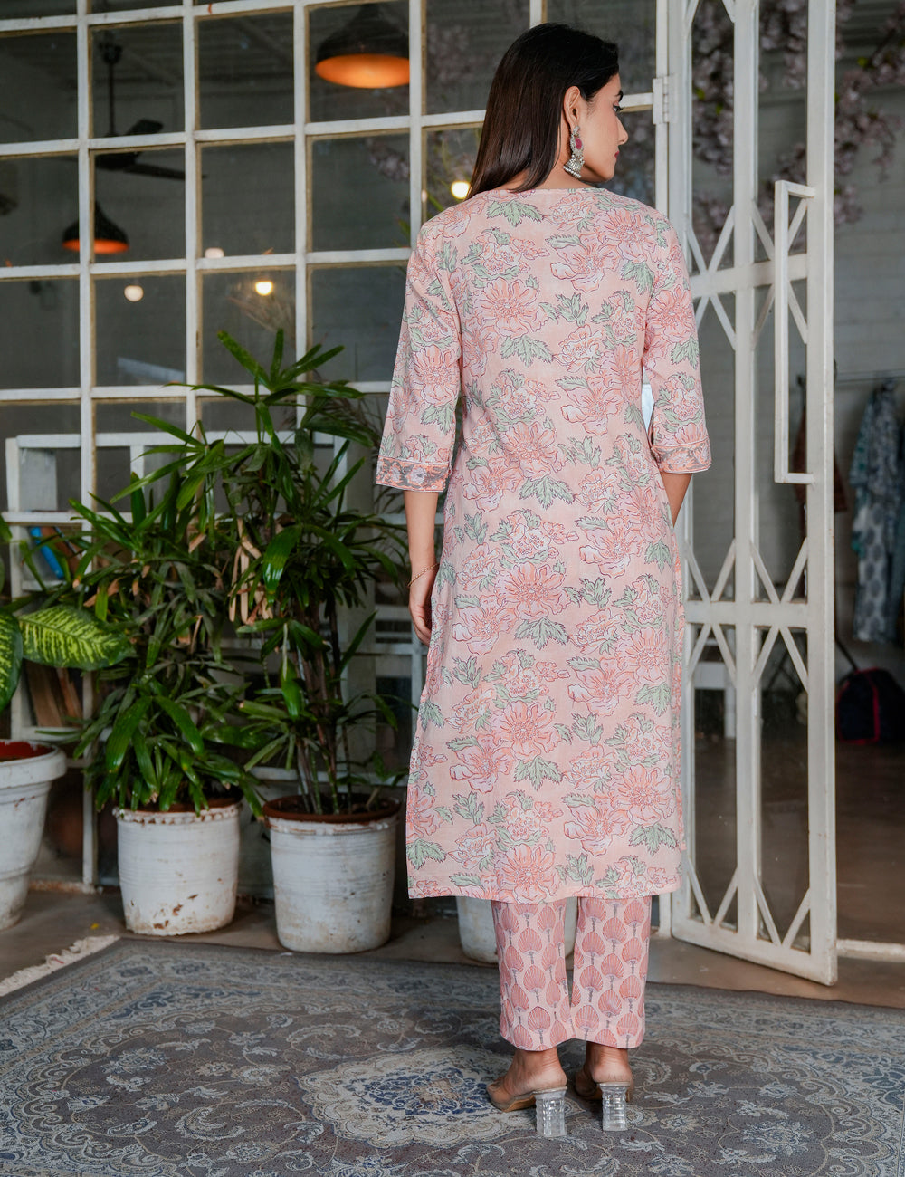 Pastel Peach Floral Handblock V-neck Cotton Kurta Set with Kota-Doria Dupatta - HL108