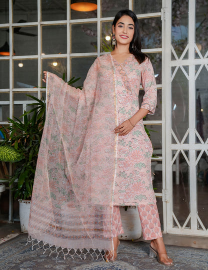 Pastel Peach Floral Handblock V-neck Cotton Kurta Set with Kota-Doria Dupatta - HL108