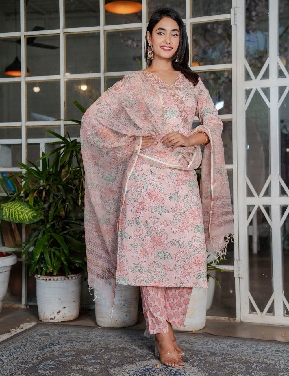 Pastel Peach Floral Handblock V-neck Cotton Kurta Set with Kota-Doria Dupatta - HL108
