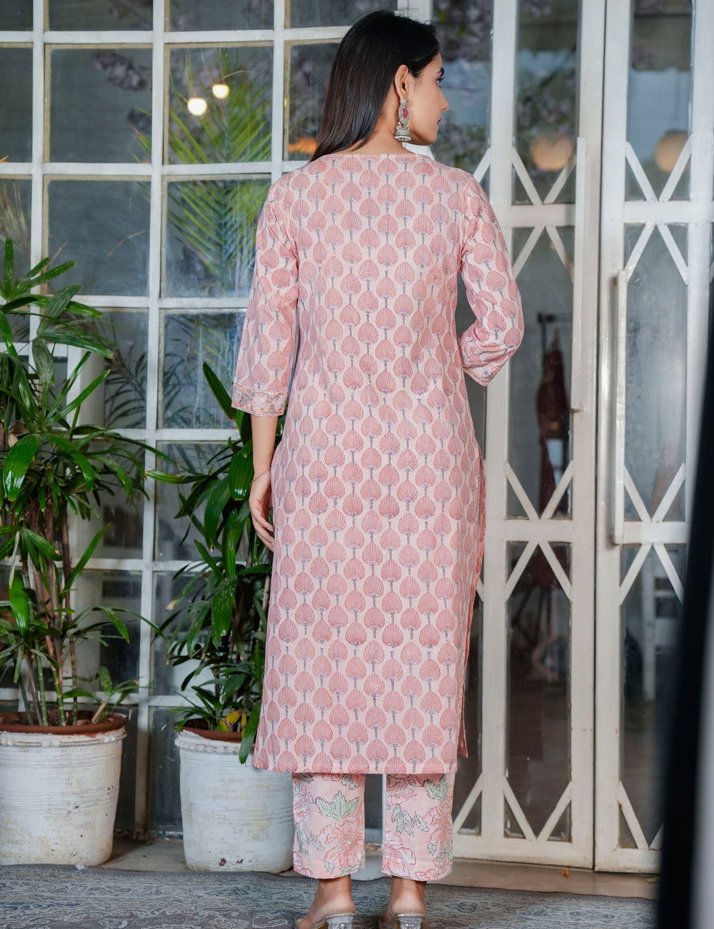 Blush Peach Tree Motif Hand Block Kurta Set – V-Neck Style with Kota Doria Dupatta - HL109