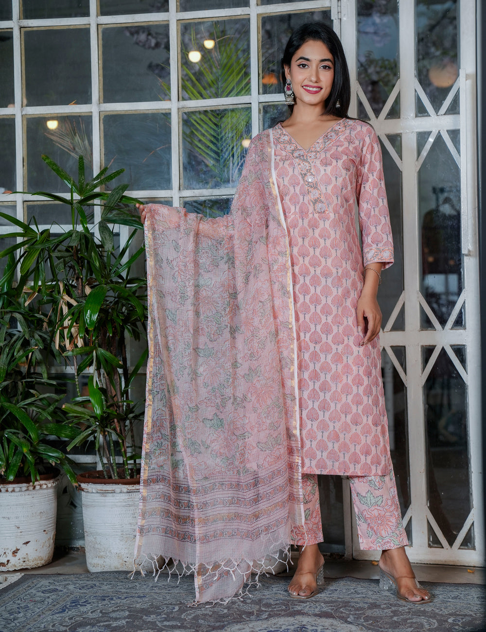 Blush Peach Tree Motif Hand Block Kurta Set – V-Neck Style with Kota Doria Dupatta - HL109
