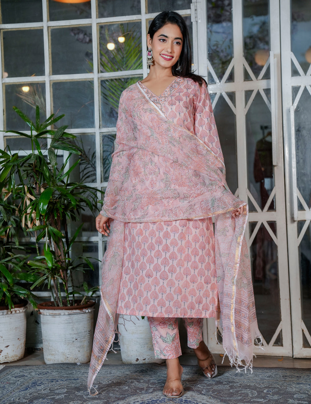 Blush Peach Tree Motif Hand Block Kurta Set – V-Neck Style with Kota Doria Dupatta - HL109