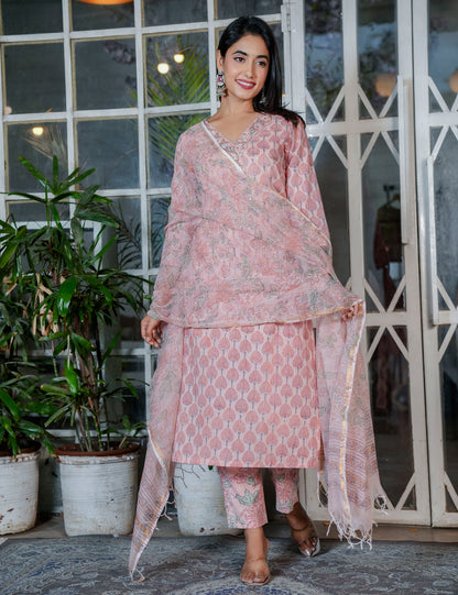 Blush Peach Tree Motif Hand Block Kurta Set – V-Neck Style with Kota Doria Dupatta - HL109