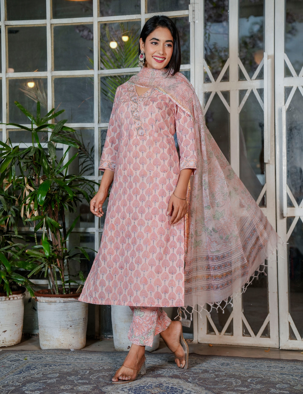Blush Peach Tree Motif Hand Block Kurta Set – V-Neck Style with Kota Doria Dupatta - HL109
