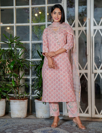 Blush Peach Tree Motif Hand Block Kurta Set – V-Neck Style with Kota Doria Dupatta - HL109