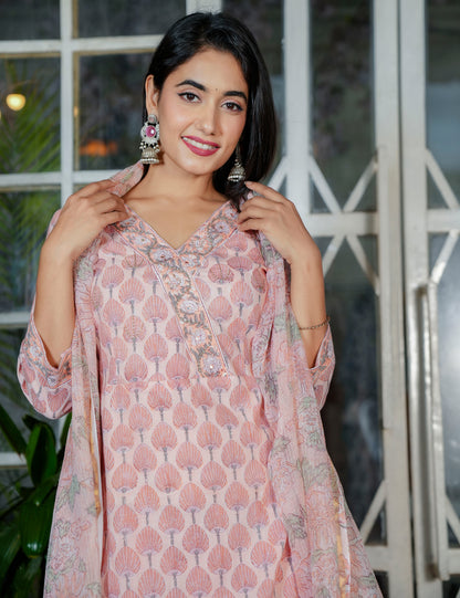 Blush Peach Tree Motif Hand Block Kurta Set – V-Neck Style with Kota Doria Dupatta - HL109