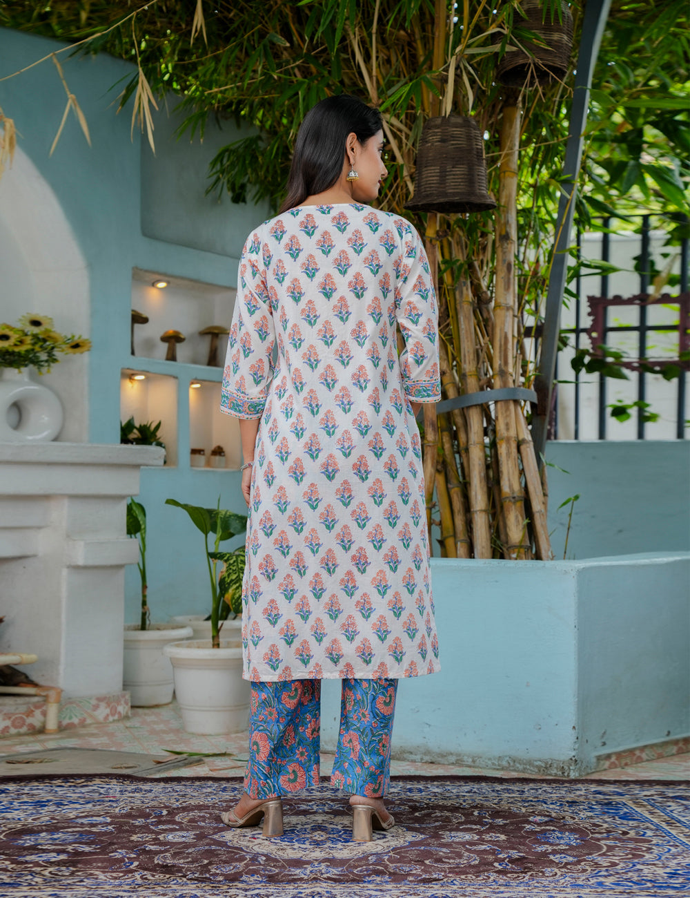 Hand Block Summer Bloom Grace Cotton Kurta Set with Kota Doria Dupatta  - HL09