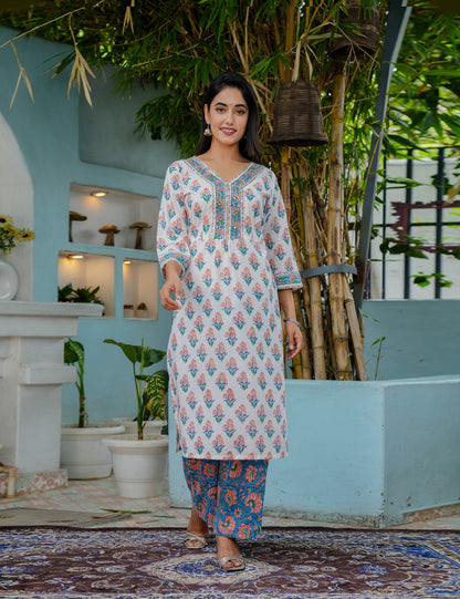Hand Block Summer Bloom Grace Cotton Kurta Set with Kota Doria Dupatta  - HL09
