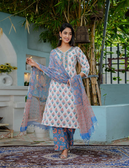 Hand Block Summer Bloom Grace Cotton Kurta Set with Kota Doria Dupatta  - HL09