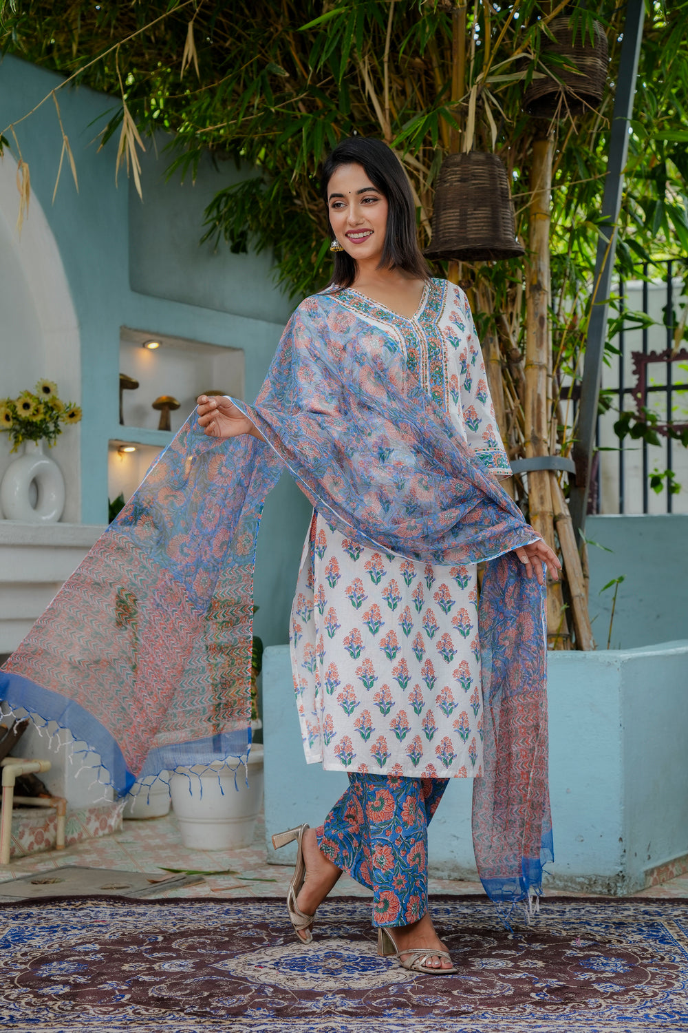 Hand Block Summer Bloom Grace Cotton Kurta Set with Kota Doria Dupatta  - HL09