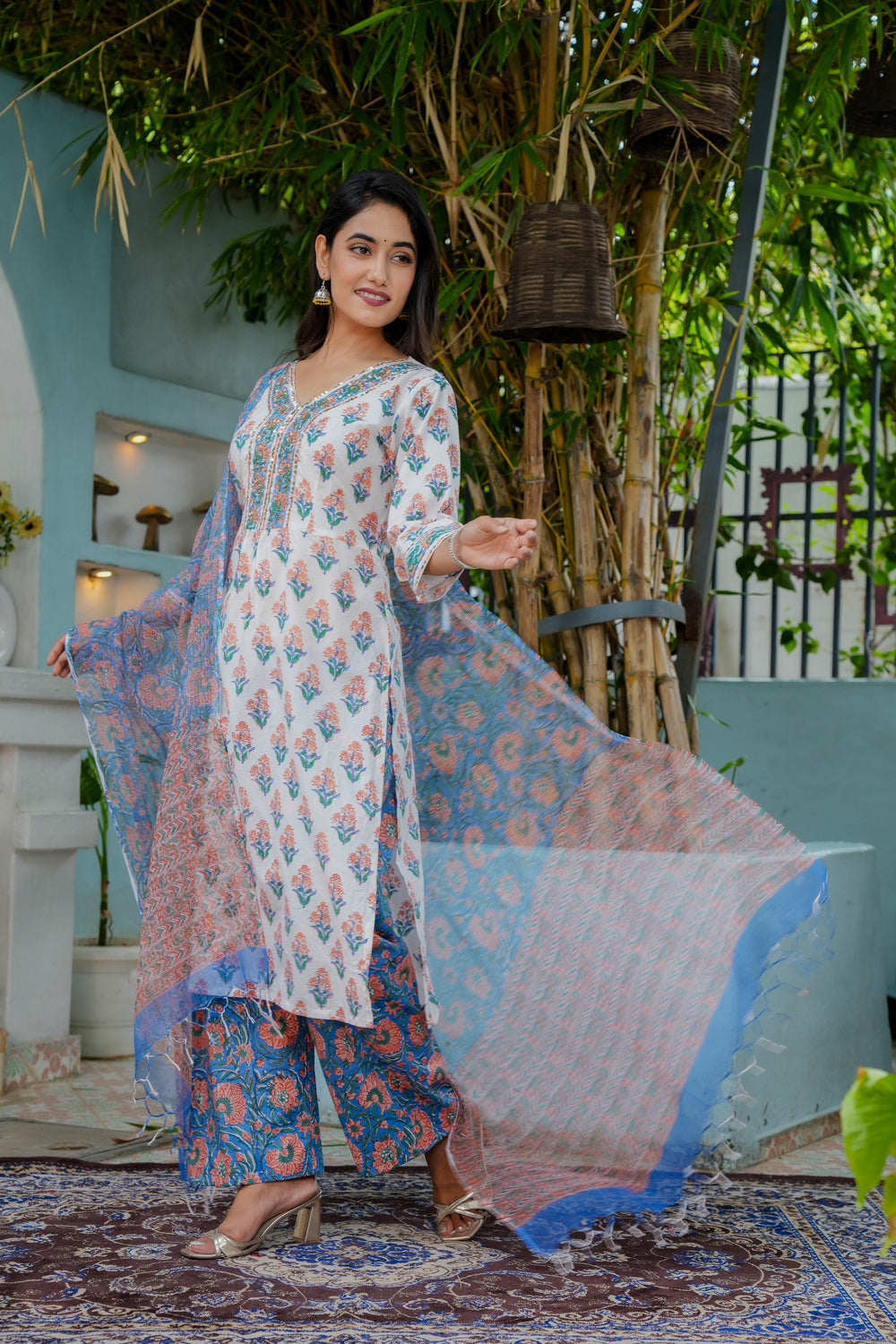 Hand Block Summer Bloom Grace Cotton Kurta Set with Kota Doria Dupatta  - HL09