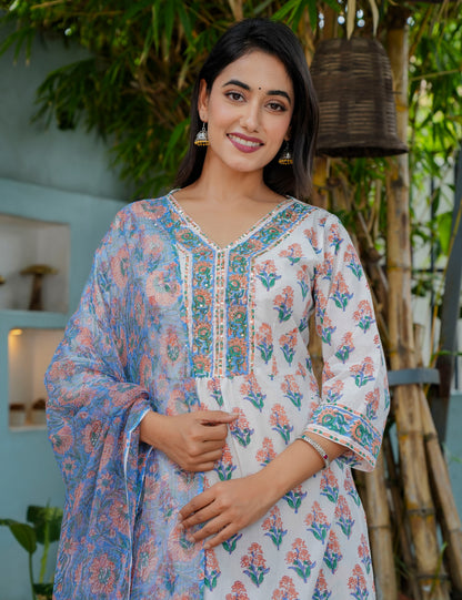 Hand Block Summer Bloom Grace Cotton Kurta Set with Kota Doria Dupatta  - HL09