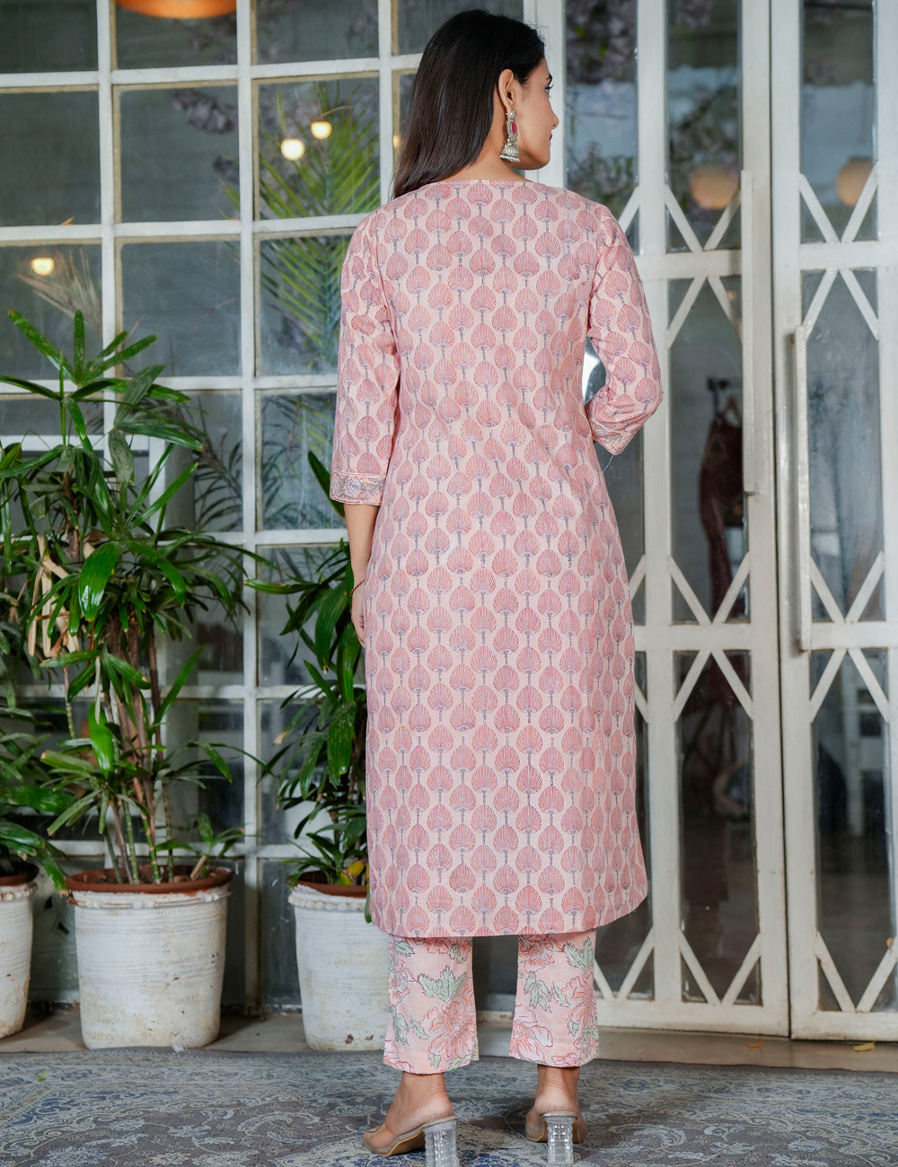 Light Pink Hand Block A-line Kurta Set with Kota Doria Dupatta - HL110