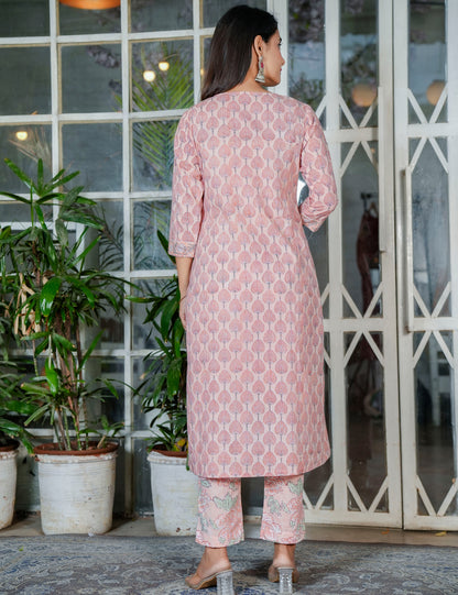 Light Pink Hand Block A-line Kurta Set with Kota Doria Dupatta - HL110