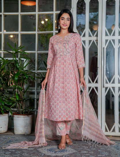 Light Pink Hand Block A-line Kurta Set with Kota Doria Dupatta - HL110