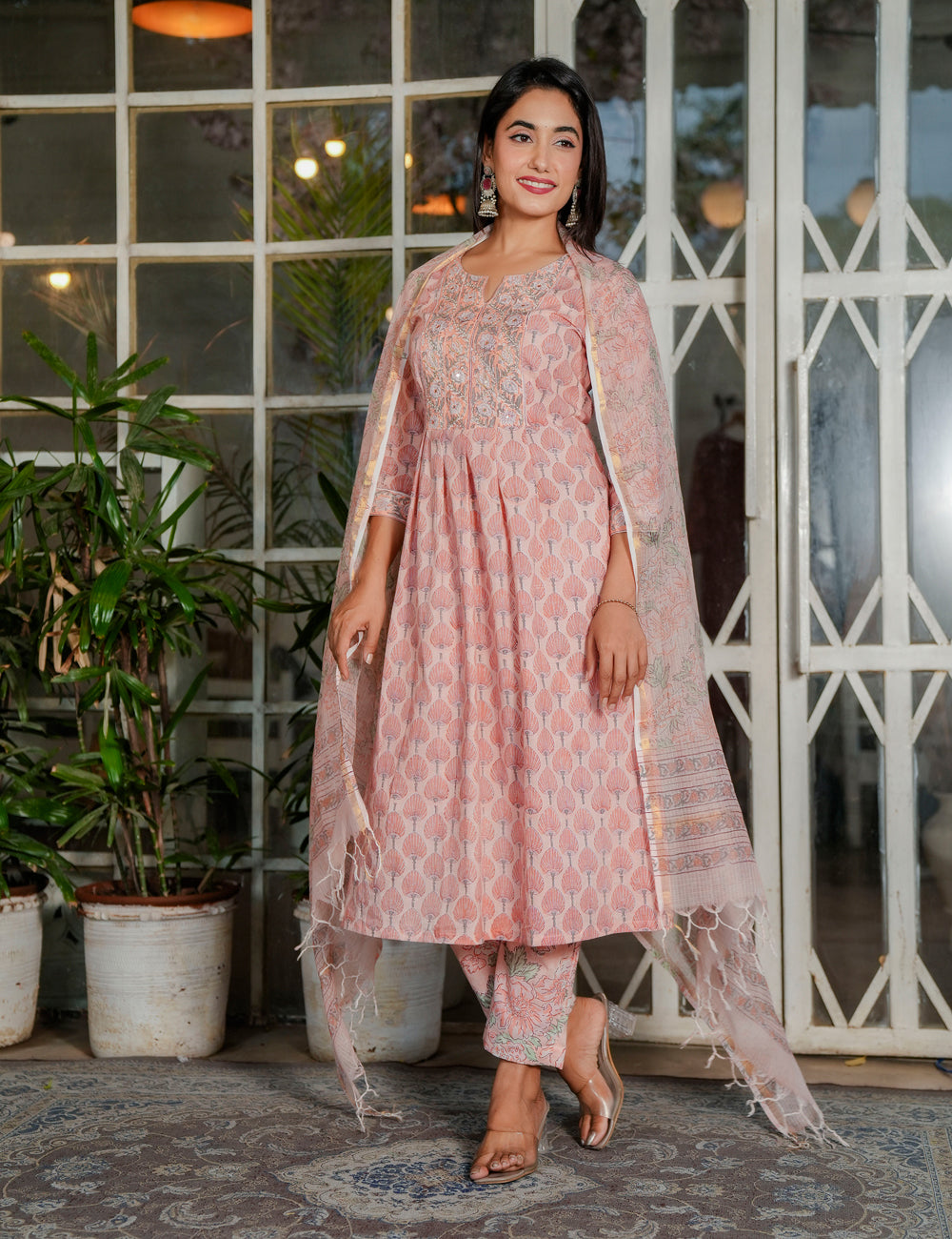 Light Pink Hand Block A-line Kurta Set with Kota Doria Dupatta - HL110