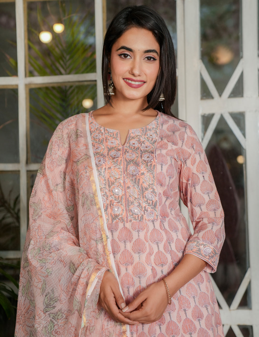 Light Pink Hand Block A-line Kurta Set with Kota Doria Dupatta - HL110