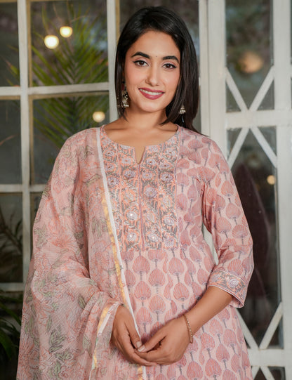 Light Pink Hand Block A-line Kurta Set with Kota Doria Dupatta - HL110
