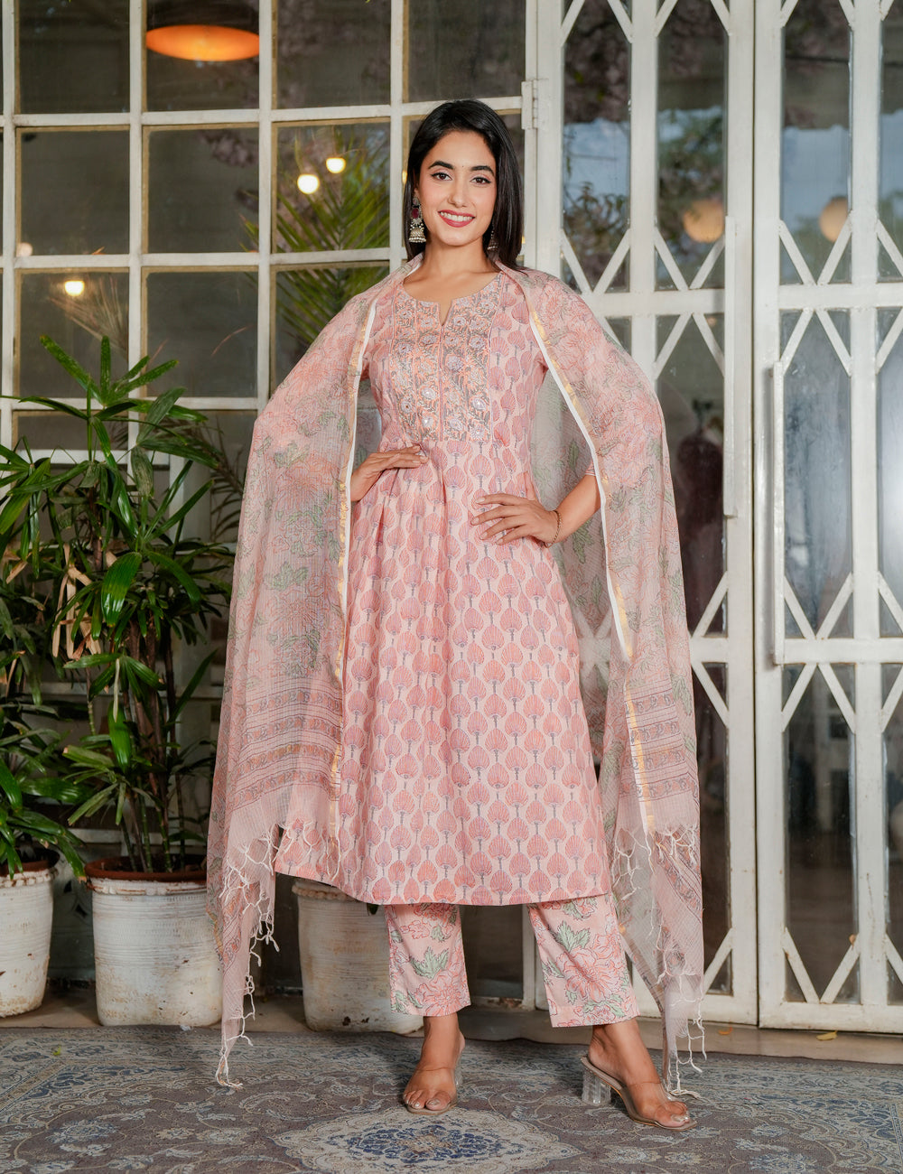Light Pink Hand Block A-line Kurta Set with Kota Doria Dupatta - HL110