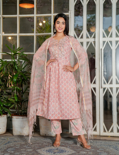 Light Pink Hand Block A-line Kurta Set with Kota Doria Dupatta - HL110