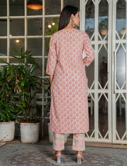 Blush Peach Hand Block Overlap Style with Printed Cotton Comfort Kurta Set with Kota Doria Dupatta - HL111
