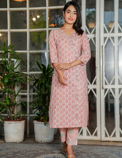Blush Peach Hand Block Overlap Style with Printed Cotton Comfort Kurta Set with Kota Doria Dupatta - HL111