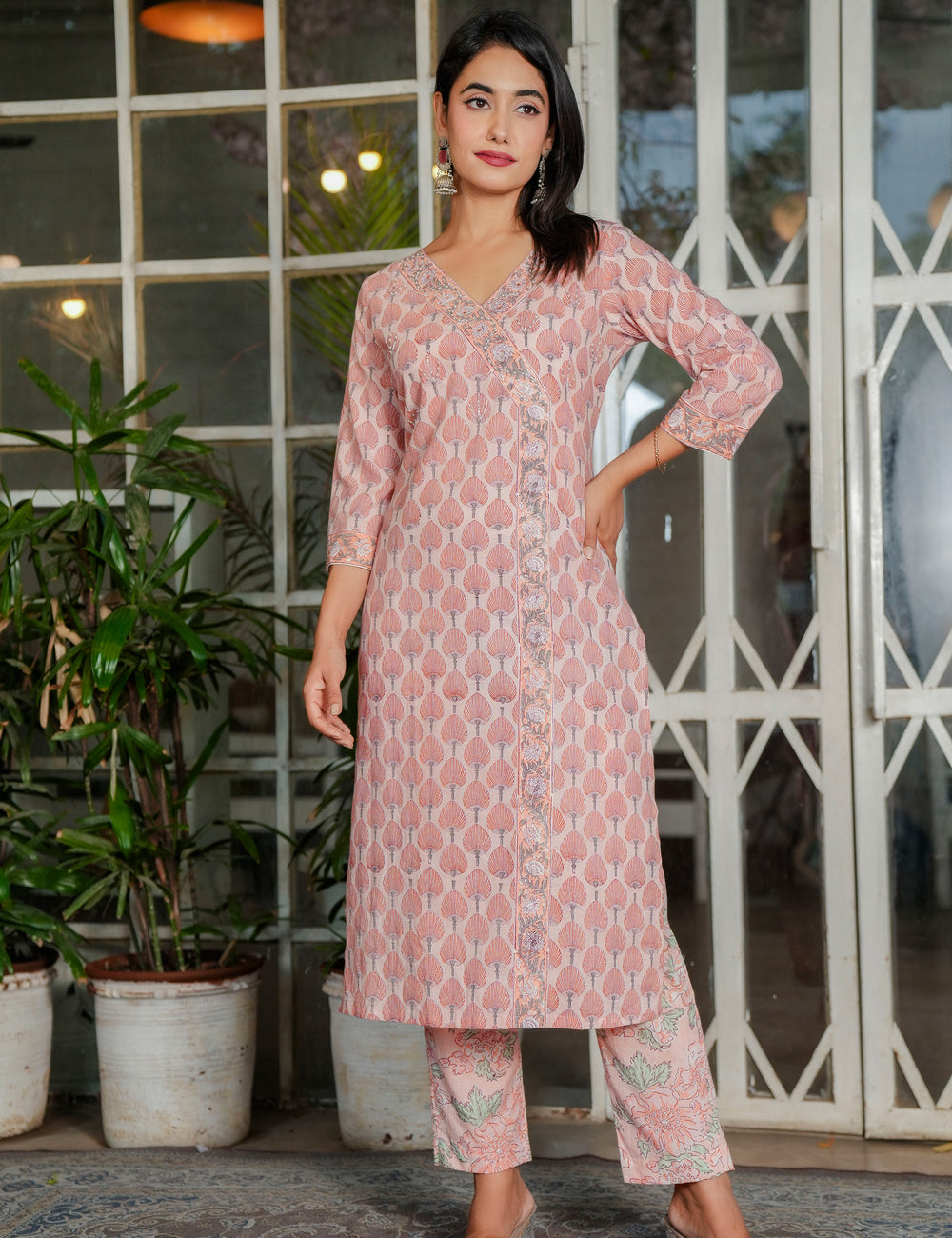 Blush Peach Hand Block Overlap Style with Printed Cotton Comfort Kurta Set with Kota Doria Dupatta - HL111