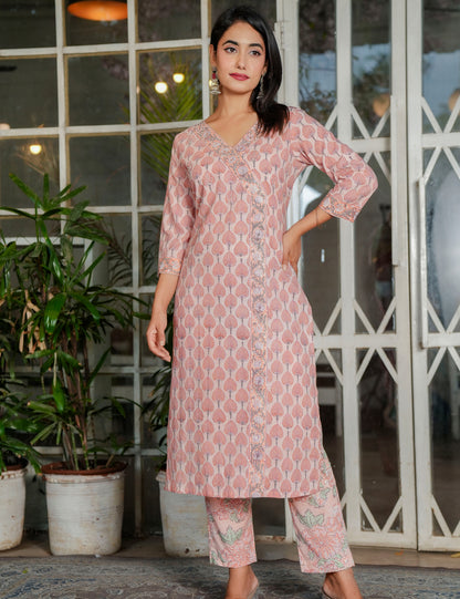 Blush Peach Hand Block Overlap Style with Printed Cotton Comfort Kurta Set with Kota Doria Dupatta - HL111